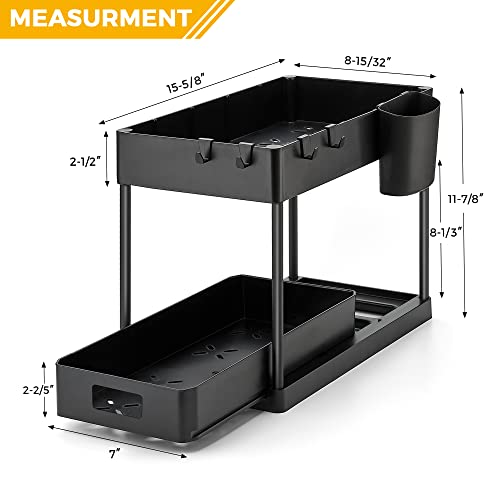 Ravinte 2 Pack Pull Out Under Sink Organizer 2 Tier Multi Purpose For Bathroom Kitchen Sink Storage Organizer With Hook & Hanging Cup Matte Black Sliding Cabinet Organizer