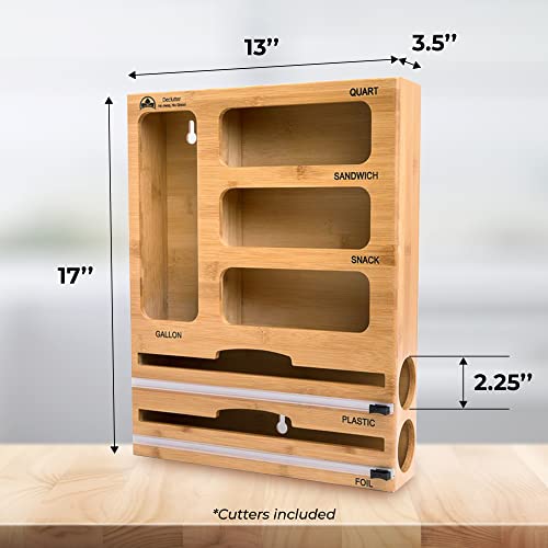 Declutter - Bamboo Ziploc Bag Organizer with Dual Dispensers and Cutters - Kitchen and Home Organization Tool for Gallon, Quart, Sandwich, Snack Bags - Fits in Kitchen Cabinets and Drawers