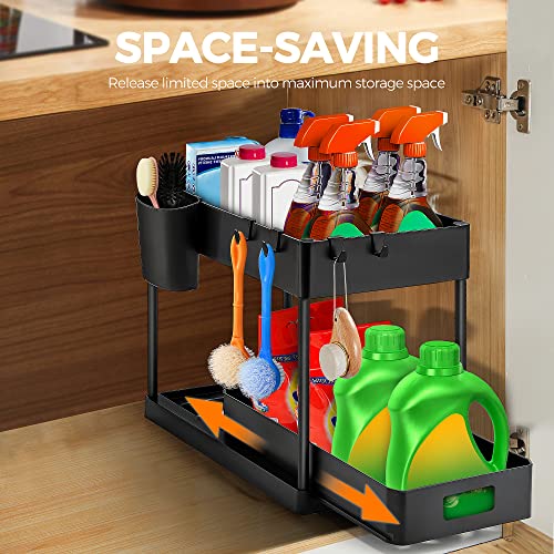 Ravinte 2 Pack Pull Out Under Sink Organizer 2 Tier Multi Purpose For Bathroom Kitchen Sink Storage Organizer With Hook & Hanging Cup Matte Black Sliding Cabinet Organizer