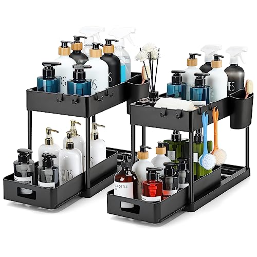 Ravinte 2 Pack Pull Out Under Sink Organizer 2 Tier Multi Purpose For Bathroom Kitchen Sink Storage Organizer With Hook & Hanging Cup Matte Black Sliding Cabinet Organizer