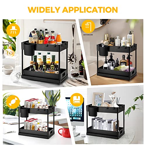 Ravinte 2 Pack Pull Out Under Sink Organizer 2 Tier Multi Purpose For Bathroom Kitchen Sink Storage Organizer With Hook & Hanging Cup Matte Black Sliding Cabinet Organizer
