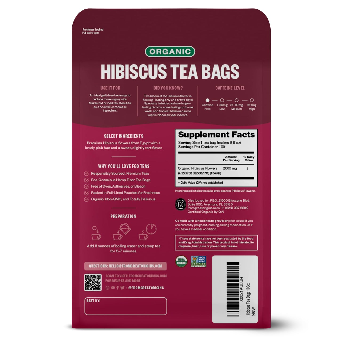 FGO Organic Hibiscus Tea, Eco-Conscious Tea Bags, 100 Count