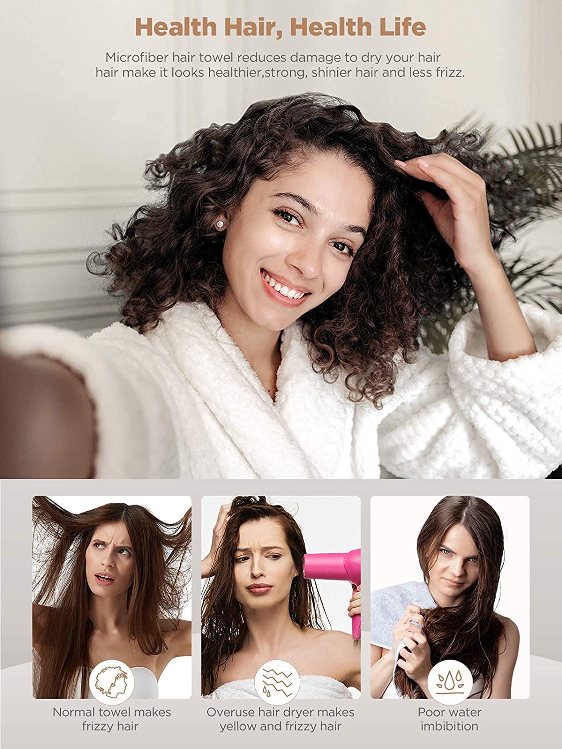 Hicober Microfiber Hair Towel, 3 Packs Hair Turbans for Wet Hair