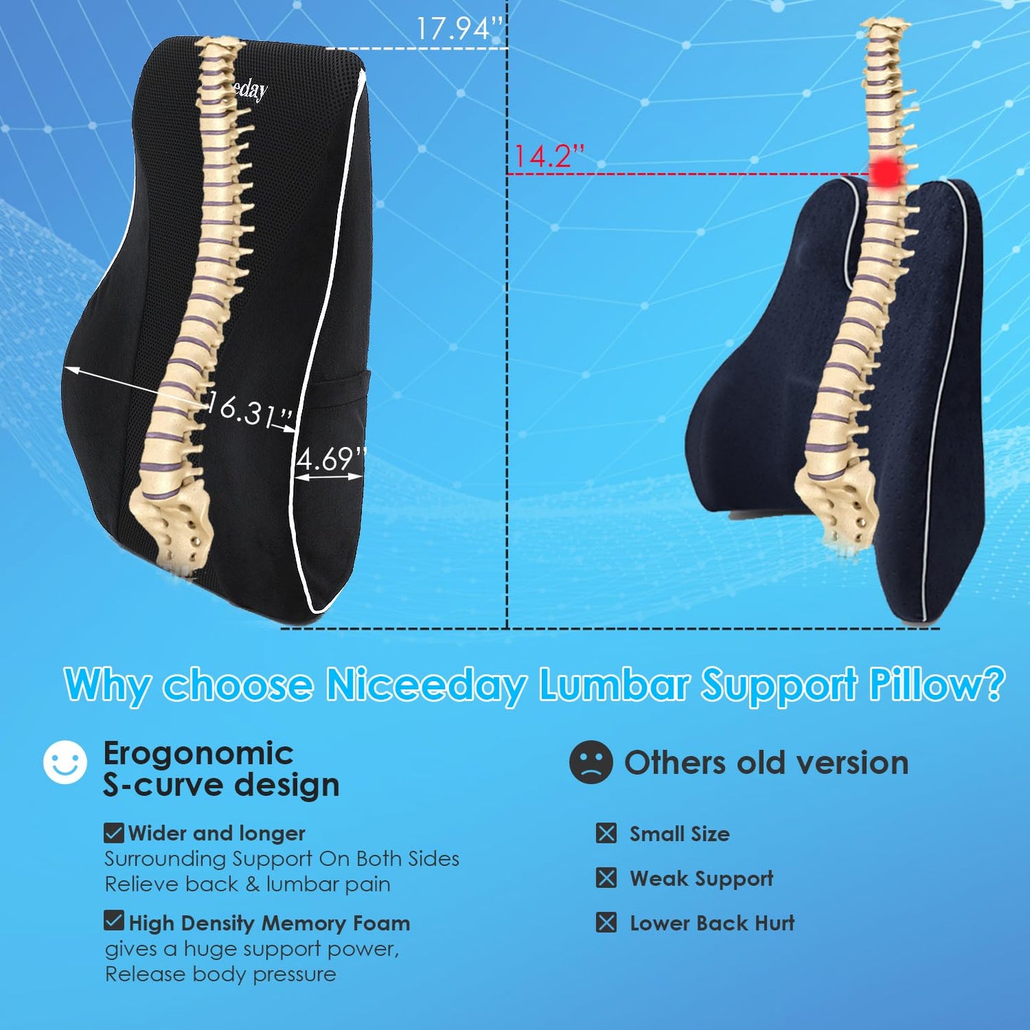 Lumbar Support Pillow for Office Chair Car, Gaming Chair Lower Back Pain Relief Memory Foam Cushion with 3D Mesh Cover Ergonomic Orthopedic Back Rest(16.31"x17.94" x4.69“)
