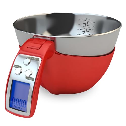 Fradel Digital Kitchen Food Scale with Bowl (Removable) and Measuring Cup - Stainless Steel, Backlight, 11lbs Capacity - Cooking, Baking, Gym, Diet - Precise Measuring (Red)