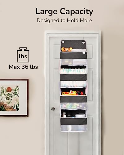 ULG 1 Pack Over Door Organizer with 4 Large Pockets 6 Mesh Side Pockets, 36 lbs Weight Capacity Hanging Storage Organizer with Clear Window for Bedroom Nursery, Baby Kids Toys, Diapers, Dark Grey