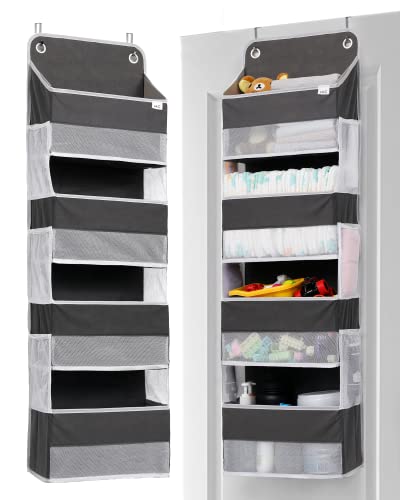 ULG 1 Pack Over Door Organizer with 4 Large Pockets 6 Mesh Side Pockets, 36 lbs Weight Capacity Hanging Storage Organizer with Clear Window for Bedroom Nursery, Baby Kids Toys, Diapers, Dark Grey