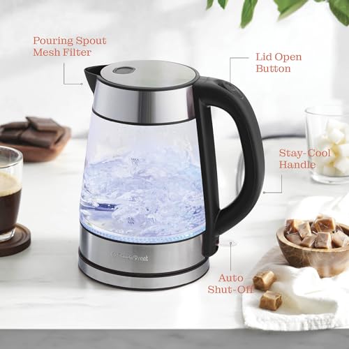 Speed-Boil Electric Kettle For Coffee & Tea - 1.7L Water Boiler 1500W, Borosilicate Glass, Easy Clean Wide Opening, Auto Shut-Off, Cool Touch Handle, LED Light. 360° Rotation, Boil Dry Protection