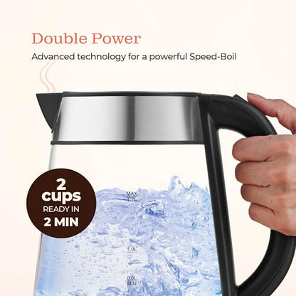 Speed-Boil Electric Kettle For Coffee & Tea - 1.7L Water Boiler 1500W, Borosilicate Glass, Easy Clean Wide Opening, Auto Shut-Off, Cool Touch Handle, LED Light. 360° Rotation, Boil Dry Protection