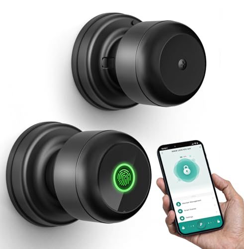 GHome Smart Door Knob Fingerprint Door Lock, Biometric Smart Lock for Bedroom Door, App Control, Emergency Type-C Charging, Great for Home, Offices, Hotels, Apartments, Garages, Matte Black