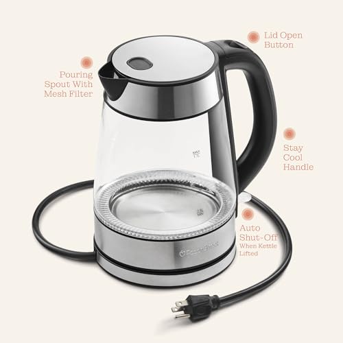 Speed-Boil Electric Kettle For Coffee & Tea - 1.7L Water Boiler 1500W, Borosilicate Glass, Easy Clean Wide Opening, Auto Shut-Off, Cool Touch Handle, LED Light. 360° Rotation, Boil Dry Protection