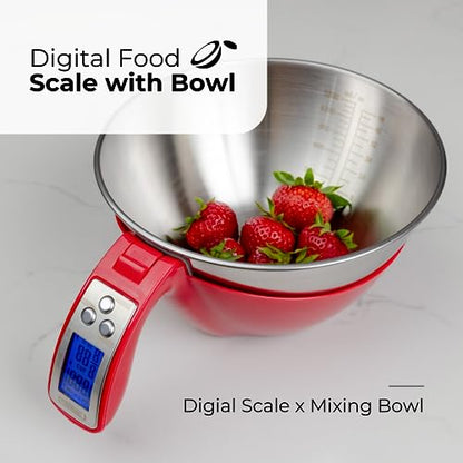 Fradel Digital Kitchen Food Scale with Bowl (Removable) and Measuring Cup - Stainless Steel, Backlight, 11lbs Capacity - Cooking, Baking, Gym, Diet - Precise Measuring (Red)