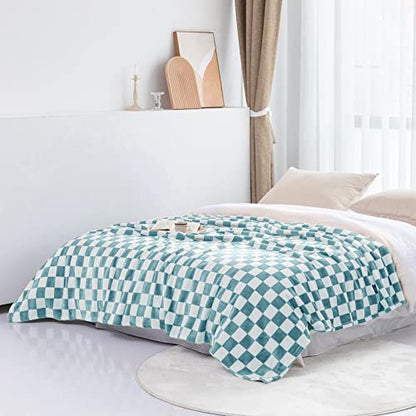 LOMAO Throw Blankets Flannel Blanket with Checkerboard Grid Pattern Soft Throw Blanket for Couch, Bed, Sofa Luxurious Warm and Cozy for All Seasons (Light Blue, 51"x63")