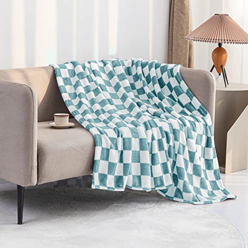 LOMAO Throw Blankets Flannel Blanket with Checkerboard Grid Pattern Soft Throw Blanket for Couch, Bed, Sofa Luxurious Warm and Cozy for All Seasons (Light Blue, 51"x63")