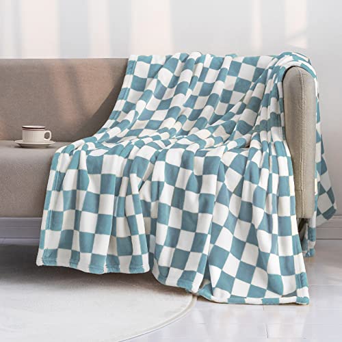 LOMAO Throw Blankets Flannel Blanket with Checkerboard Grid Pattern Soft Throw Blanket for Couch, Bed, Sofa Luxurious Warm and Cozy for All Seasons (Light Blue, 51"x63")