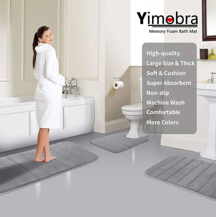 Yimobra Memory Foam Bath Mat Rug, 24 x 17 Inches, Comfortable, Soft, Super Water Absorption, Machine Wash, Non-Slip, Thick, Easier to Dry for Bathroom Floor Rugs, Grey