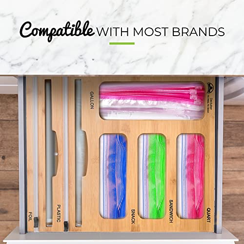 Declutter - Bamboo Ziploc Bag Organizer with Dual Dispensers and Cutters - Kitchen and Home Organization Tool for Gallon, Quart, Sandwich, Snack Bags - Fits in Kitchen Cabinets and Drawers