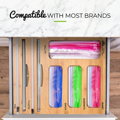 Declutter - Bamboo Ziploc Bag Organizer with Dual Dispensers and Cutters - Kitchen and Home Organization Tool for Gallon, Quart, Sandwich, Snack Bags - Fits in Kitchen Cabinets and Drawers