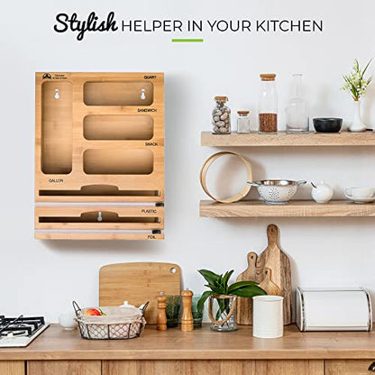 Declutter - Bamboo Ziploc Bag Organizer with Dual Dispensers and Cutters - Kitchen and Home Organization Tool for Gallon, Quart, Sandwich, Snack Bags - Fits in Kitchen Cabinets and Drawers