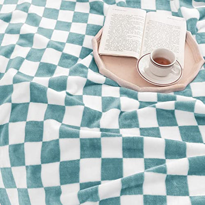 LOMAO Throw Blankets Flannel Blanket with Checkerboard Grid Pattern Soft Throw Blanket for Couch, Bed, Sofa Luxurious Warm and Cozy for All Seasons (Light Blue, 51"x63")