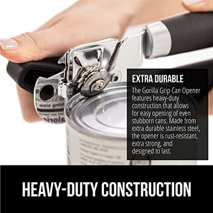 The Original Gorilla Grip Heavy Duty Stainless Steel Smooth Edge Manual Hand Held Can Opener With Soft Touch Handle, Rust Proof Oversized Handheld Easy Turn Knob, Large Lid Openers, Black