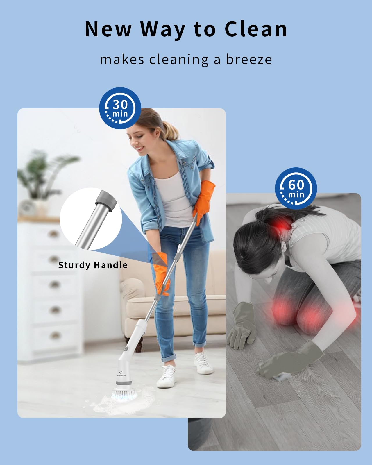 WISHOMEIN Cordless Electric Spin Scrubber: Power Shower Scrubber with Long Handle for Cleaning Bathroom, Dual Speed Electric Spin Brush, Cleaning Brush with 6 Brush Heads for Bathtub Tile Floor