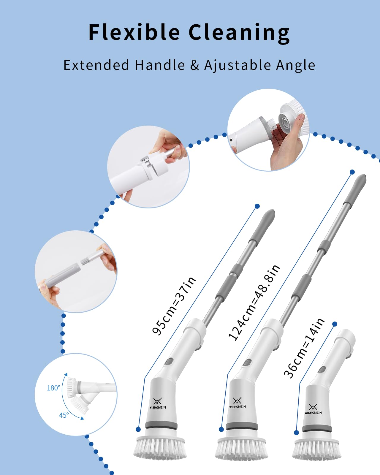 WISHOMEIN Cordless Electric Spin Scrubber: Power Shower Scrubber with Long Handle for Cleaning Bathroom, Dual Speed Electric Spin Brush, Cleaning Brush with 6 Brush Heads for Bathtub Tile Floor