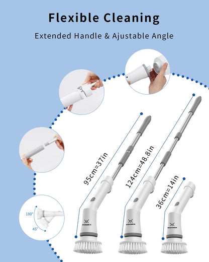 WISHOMEIN Cordless Electric Spin Scrubber: Power Shower Scrubber with Long Handle for Cleaning Bathroom, Dual Speed Electric Spin Brush, Cleaning Brush with 6 Brush Heads for Bathtub Tile Floor