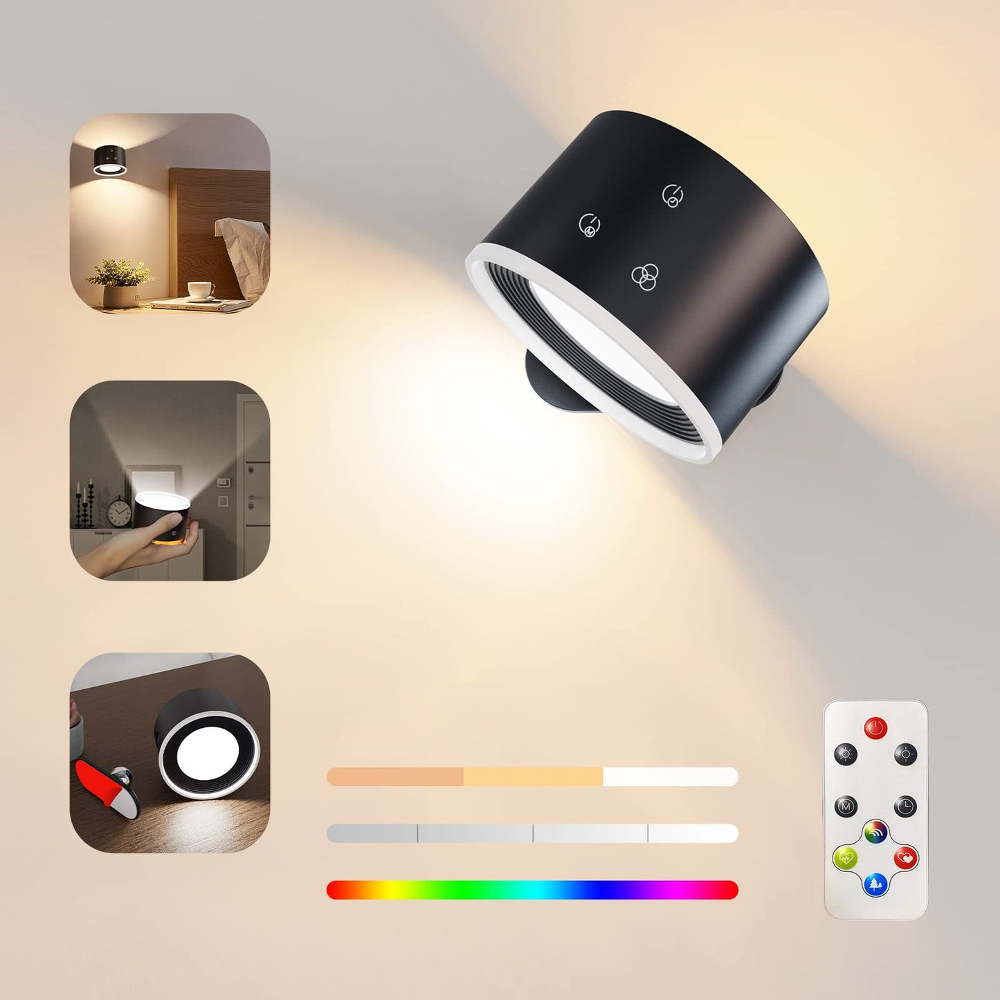 Deyagoo UP&Down Light Source LED Wall Sconce, Wall Mounted Lamps with Battery Operated, 4 Color Temp, Dimming, RGB&Ambience Lights, Removable Charging, Touch&Remote Control, Light for Reading Bedside