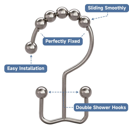 Titanker Shower Curtain Hooks, Shower Curtain Rings Rust Proof Metal Double Glide Shower Hooks Rings for Bathroom Shower Rods Curtains, Set of 12 Hooks - Nickel