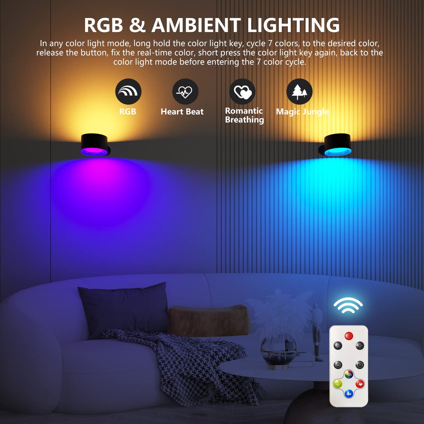 Deyagoo UP&Down Light Source LED Wall Sconce, Wall Mounted Lamps with Battery Operated, 4 Color Temp, Dimming, RGB&Ambience Lights, Removable Charging, Touch&Remote Control, Light for Reading Bedside