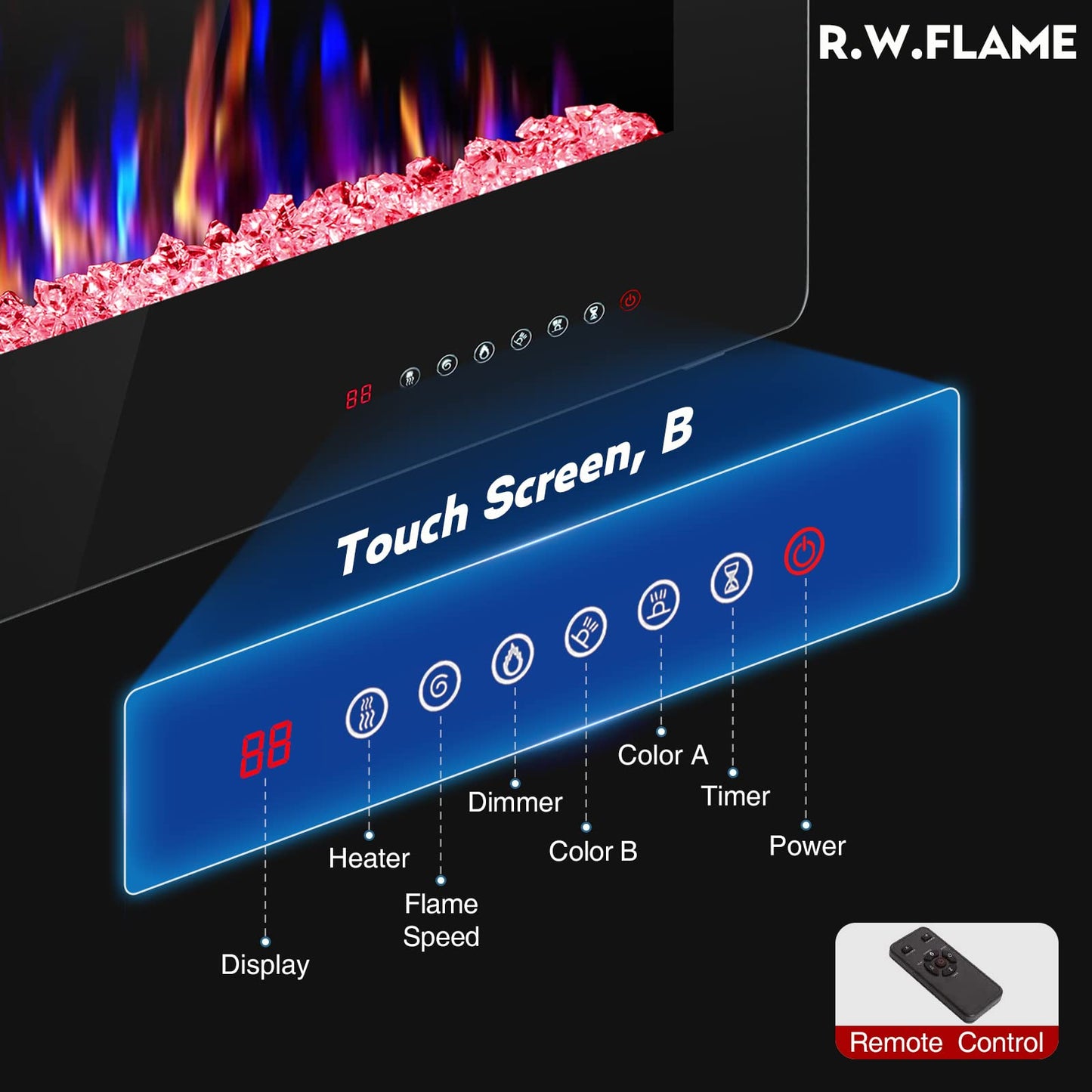 R.W.FLAME 42IN Recessed and Wall Mounted, The Thinnest Fireplace, Low Noise, Fit for 2 x 6 and 2 x 4 Stud, Remote Control with Timer, Touch Screen, Adjustable Flame Color and Speed