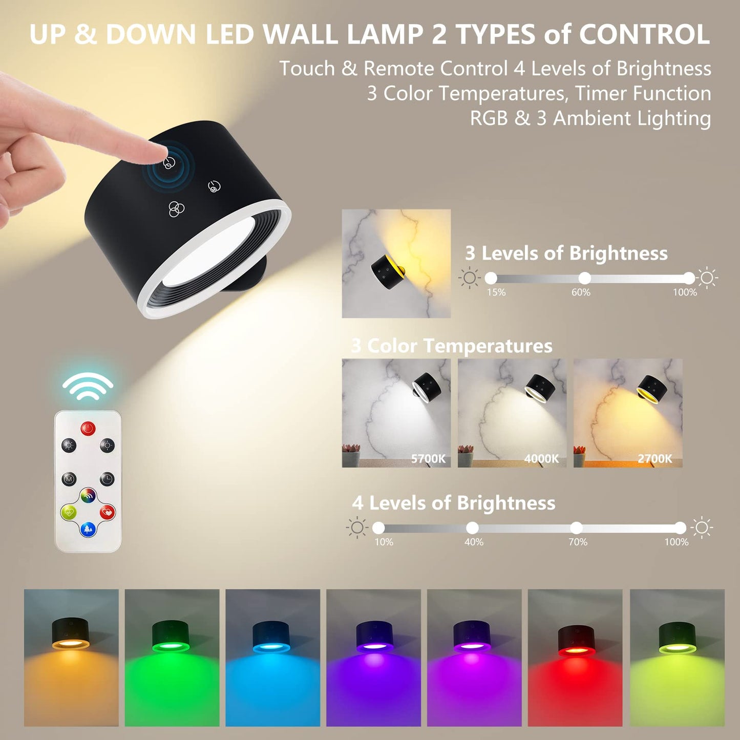 Deyagoo UP&Down Light Source LED Wall Sconce, Wall Mounted Lamps with Battery Operated, 4 Color Temp, Dimming, RGB&Ambience Lights, Removable Charging, Touch&Remote Control, Light for Reading Bedside