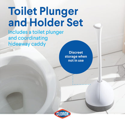 Clorox Toilet Plunger with Hideaway Storage Caddy, 6.5” x 6.5” x 19.5”, White/Gray