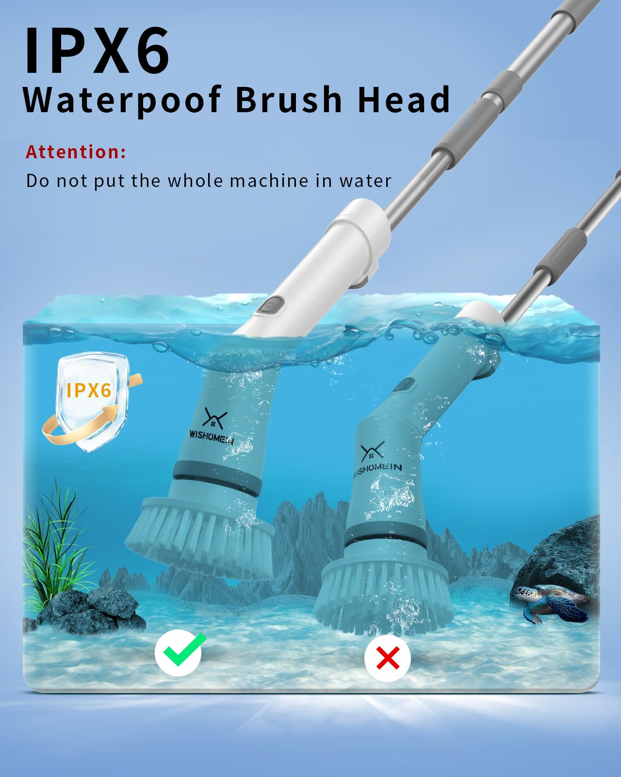 WISHOMEIN Cordless Electric Spin Scrubber: Power Shower Scrubber with Long Handle for Cleaning Bathroom, Dual Speed Electric Spin Brush, Cleaning Brush with 6 Brush Heads for Bathtub Tile Floor