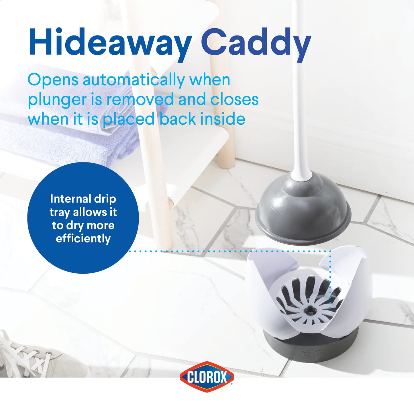 Clorox Toilet Plunger with Hideaway Storage Caddy, 6.5” x 6.5” x 19.5”, White/Gray