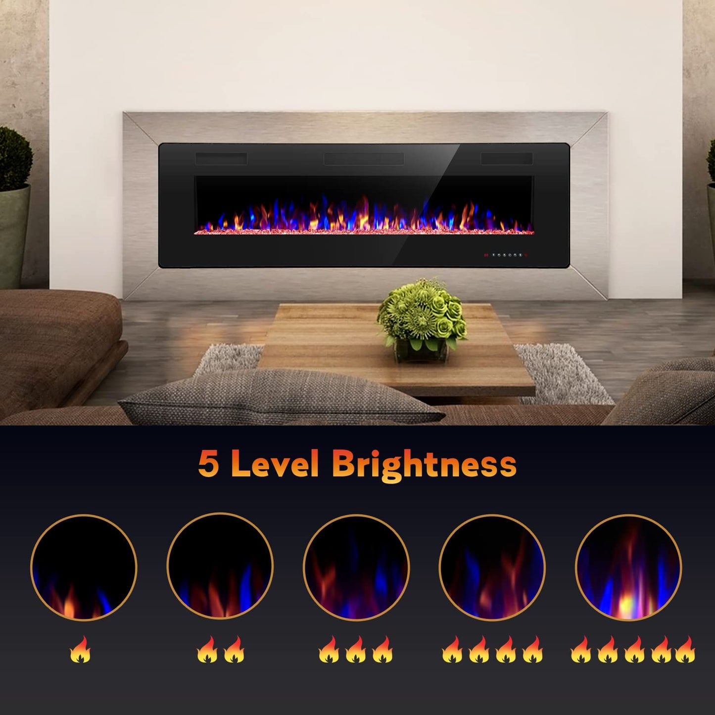 R.W.FLAME 42IN Recessed and Wall Mounted, The Thinnest Fireplace, Low Noise, Fit for 2 x 6 and 2 x 4 Stud, Remote Control with Timer, Touch Screen, Adjustable Flame Color and Speed