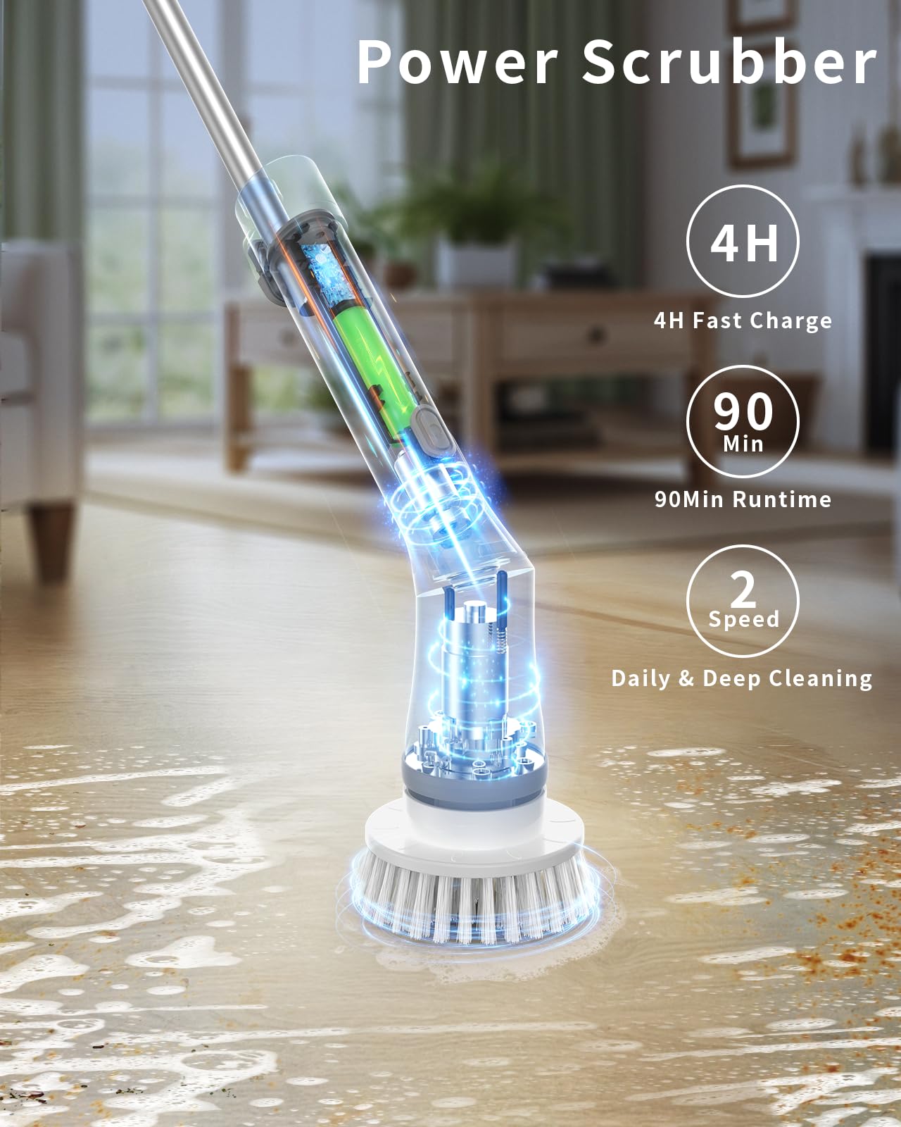 WISHOMEIN Cordless Electric Spin Scrubber: Power Shower Scrubber with Long Handle for Cleaning Bathroom, Dual Speed Electric Spin Brush, Cleaning Brush with 6 Brush Heads for Bathtub Tile Floor