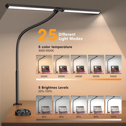 Led Desk Lamp for Office Home - Eye Caring Architect lamp with Clamp,Dual Screen Computer Monitor Gooseneck Smart Light: 24W 5 Color Flexible Adjustable Lighting Table Lamp for Study Drafting