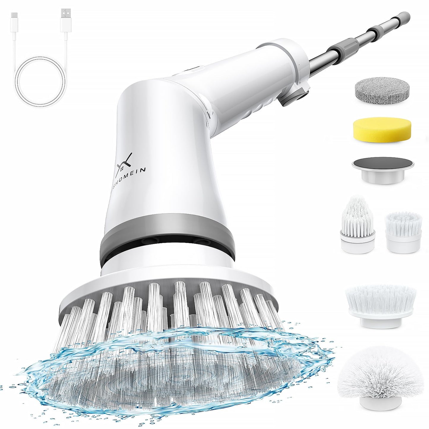 WISHOMEIN Cordless Electric Spin Scrubber: Power Shower Scrubber with Long Handle for Cleaning Bathroom, Dual Speed Electric Spin Brush, Cleaning Brush with 6 Brush Heads for Bathtub Tile Floor