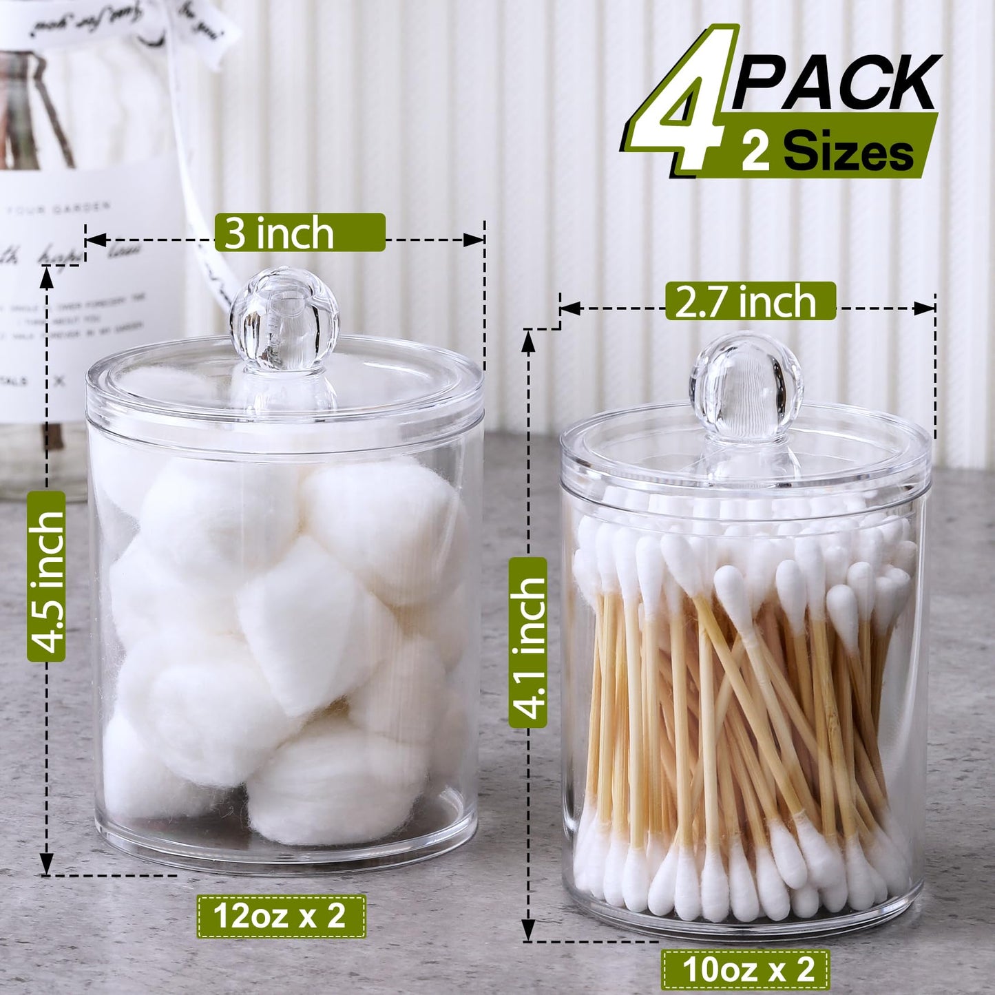 4 PACK Qtip Holder Dispenser for Cotton Ball, Cotton Swab, Cotton Round Pads, Floss Picks