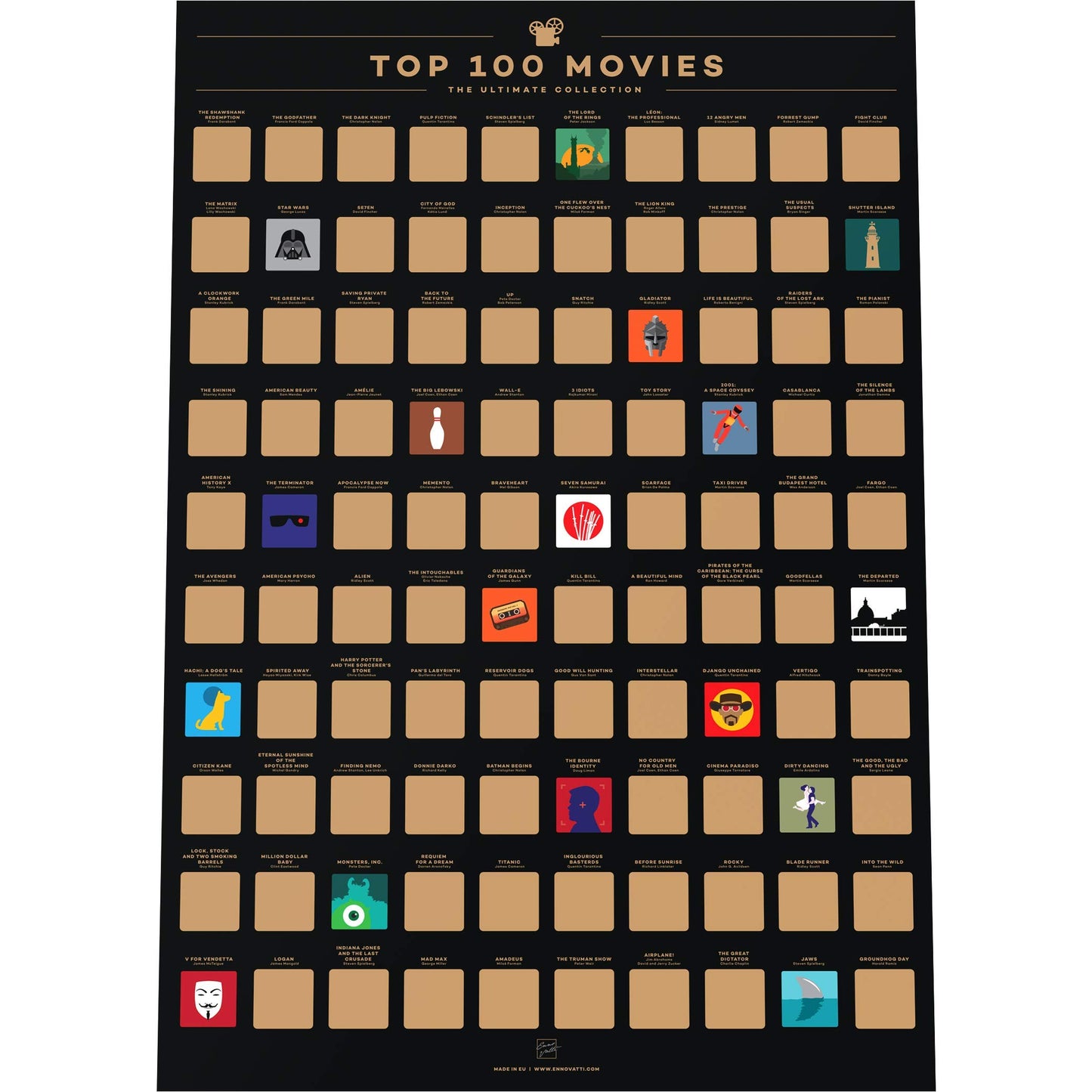 Enno Vatti Top 100 Movies Scratch Off Poster - Bucket List of Best Films