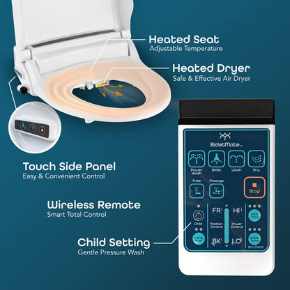 BidetMate 2000 Series Electric Bidet Heated Smart Toilet Seat with Unlimited Heated Water, Wireless Remote, Deodorizer, and Warm Air Dryer - Adjustable and Self-Cleaning - Fits Elongated Toilets