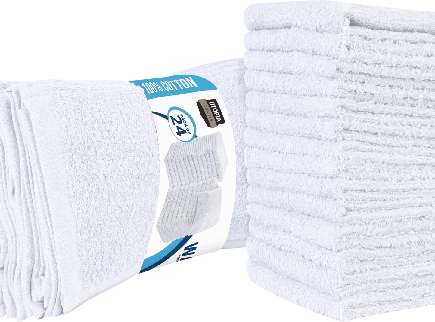 Utopia Towels Cotton Washcloths Set - 100% Ring Spun Cotton, Premium Quality Flannel Face Cloths, Highly Absorbent and Soft Feel Fingertip Towels (24 Pack, White)