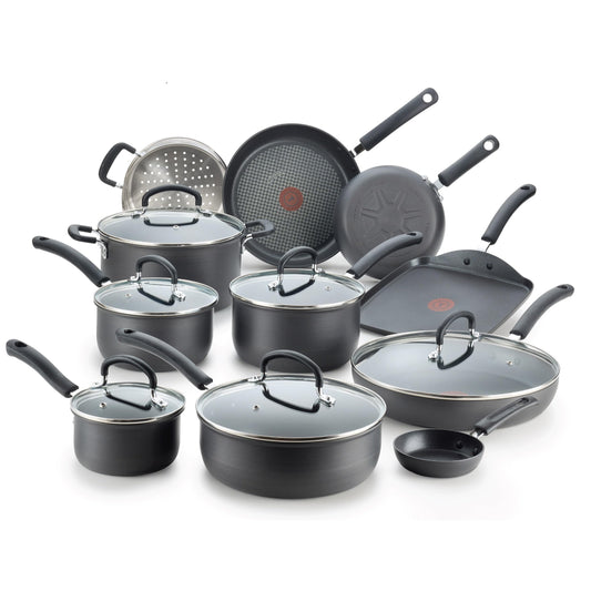 T-fal Ultimate Hard Anodized Nonstick Cookware Set 17 Piece Oven Safe 400F, Lid Safe 350F Pots and Pans, Dishwasher Safe Black