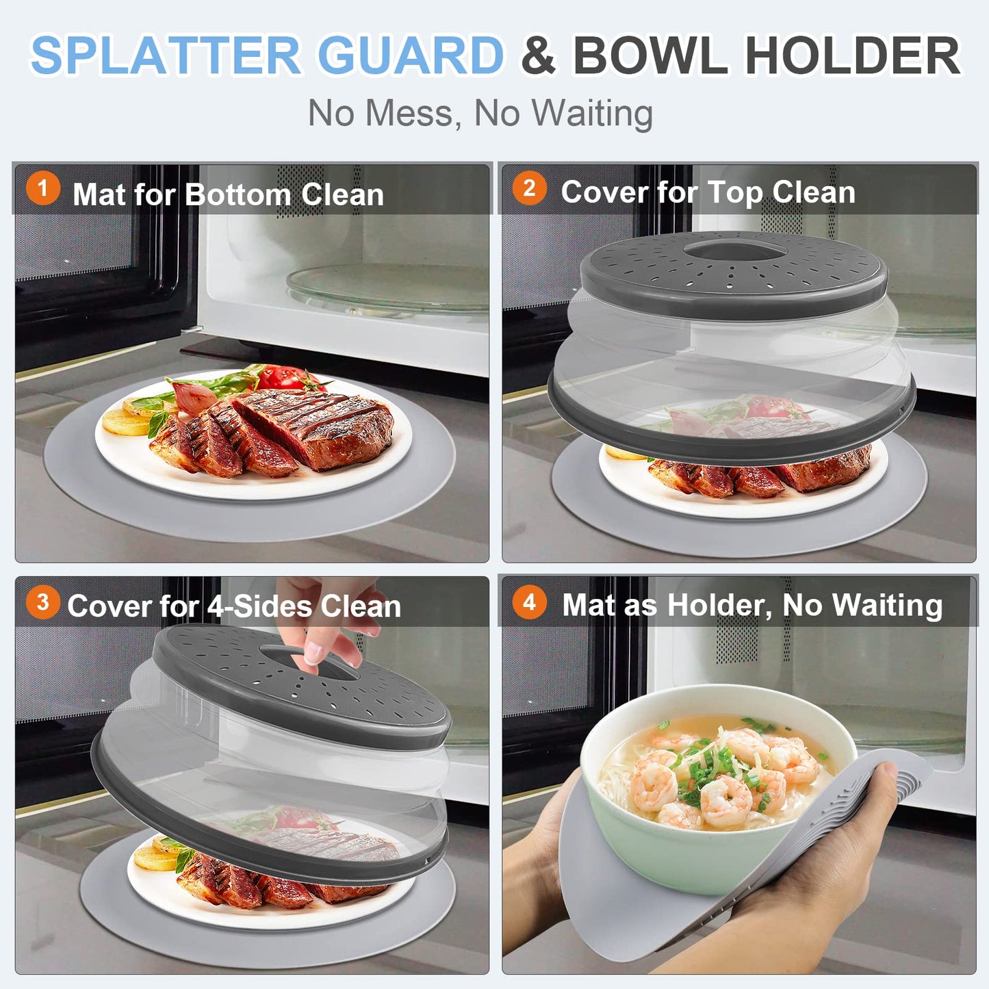 LekDrok 10 Inch Microwave Food Cover & Collapsible Silicone Mat - Splatter Guard, Plate Holder & Kitchen Colander for Meal Prep, Charcoal